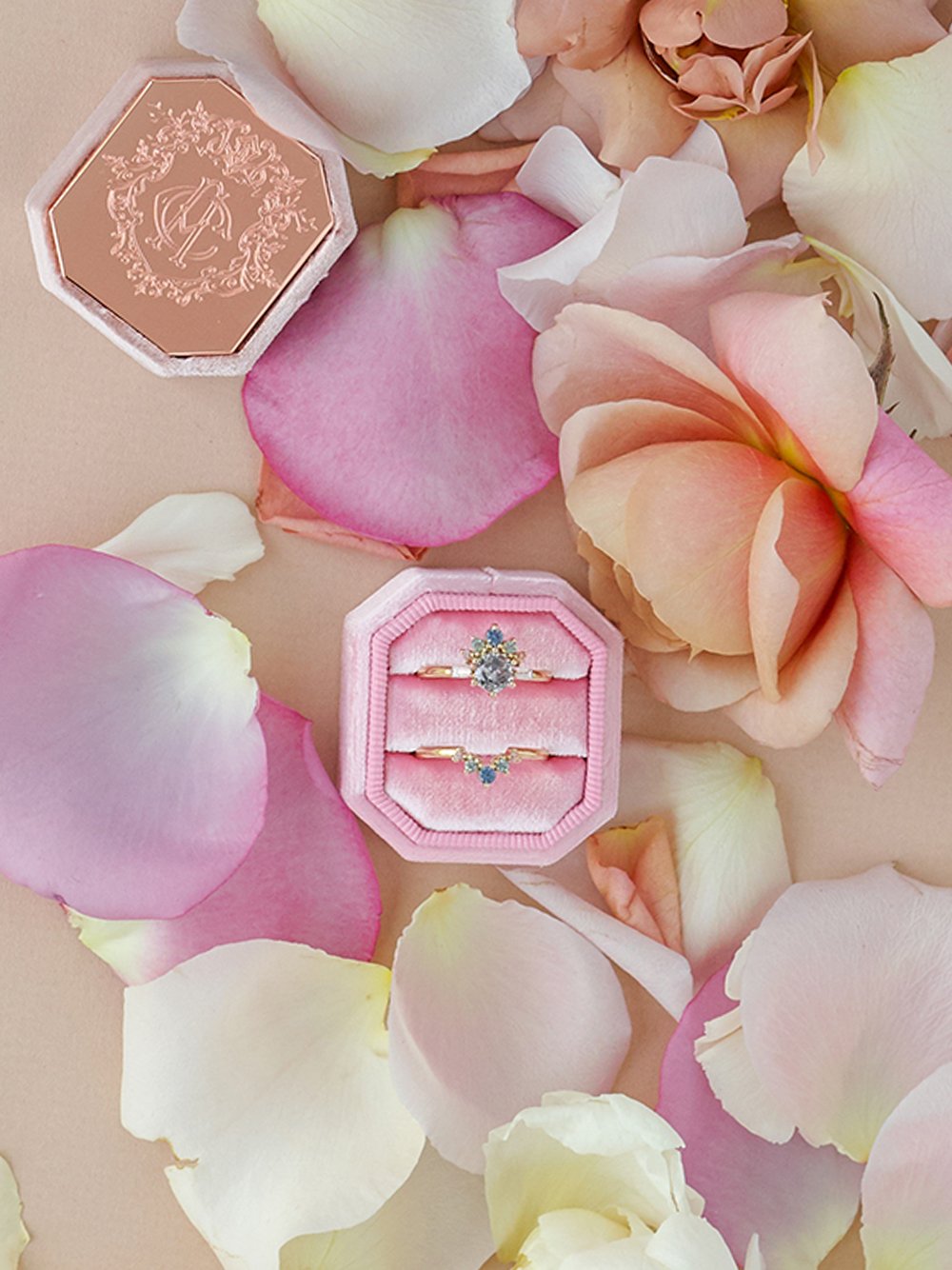 light pink bevel metal top velvet ring box bridal gift