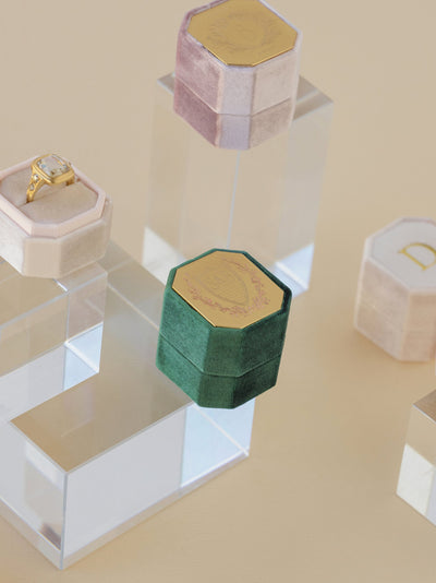 emerald green velvet octagon ring box metal top custom