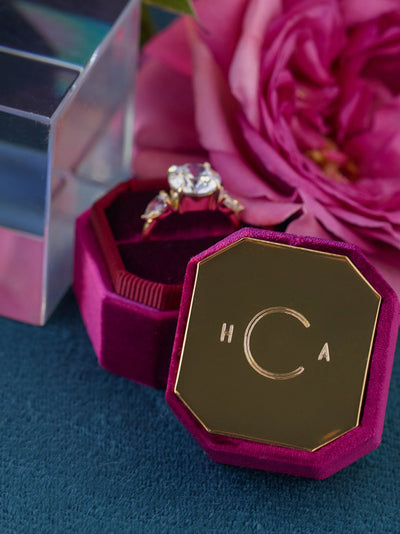 dark pink velvet ring box metal engraving top bridal gift