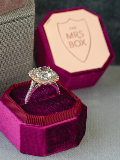 dark pink velvet ring box metal engraving top bridal gift