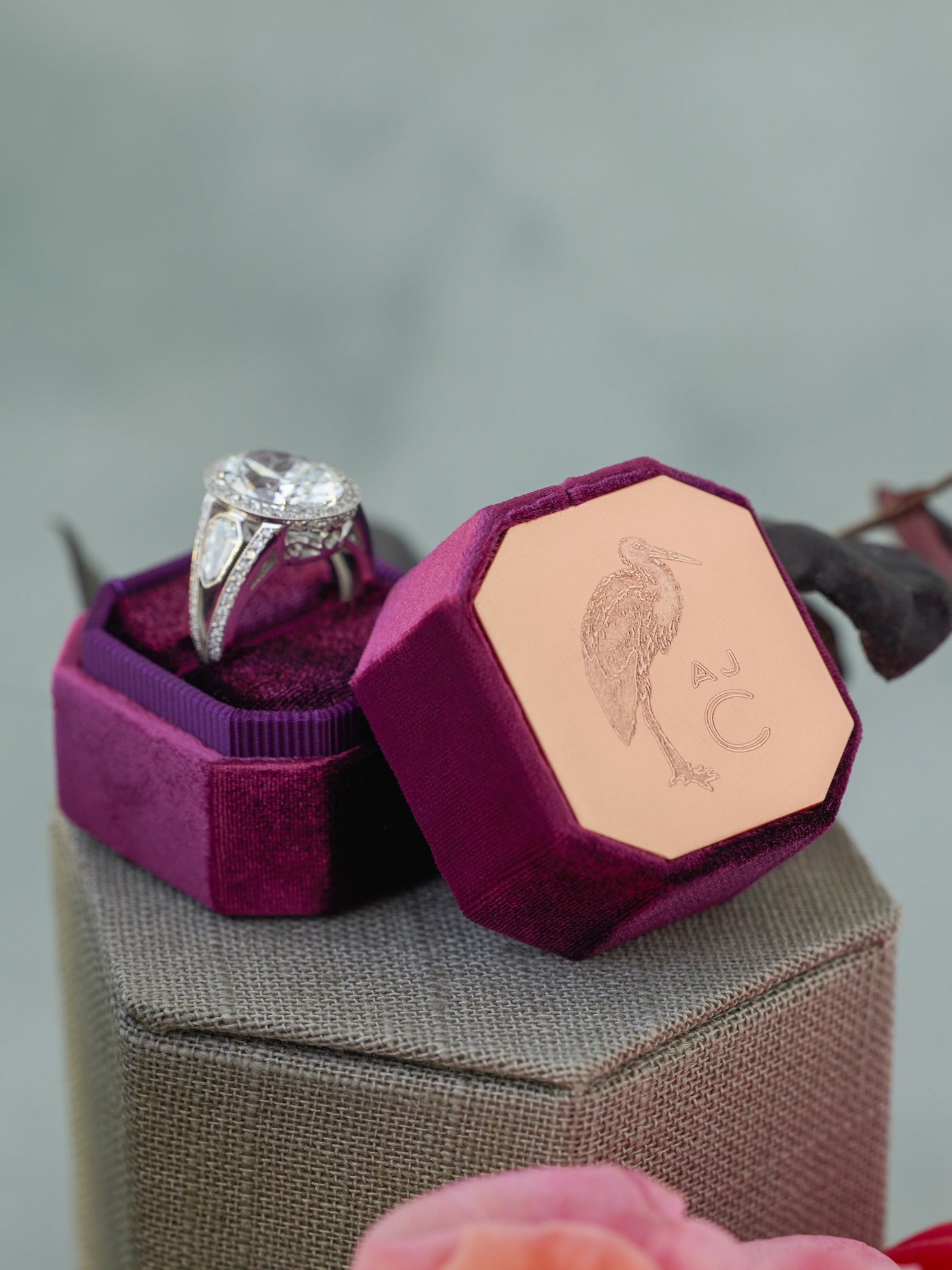 deep purple bevel velvet ring box custom engraving