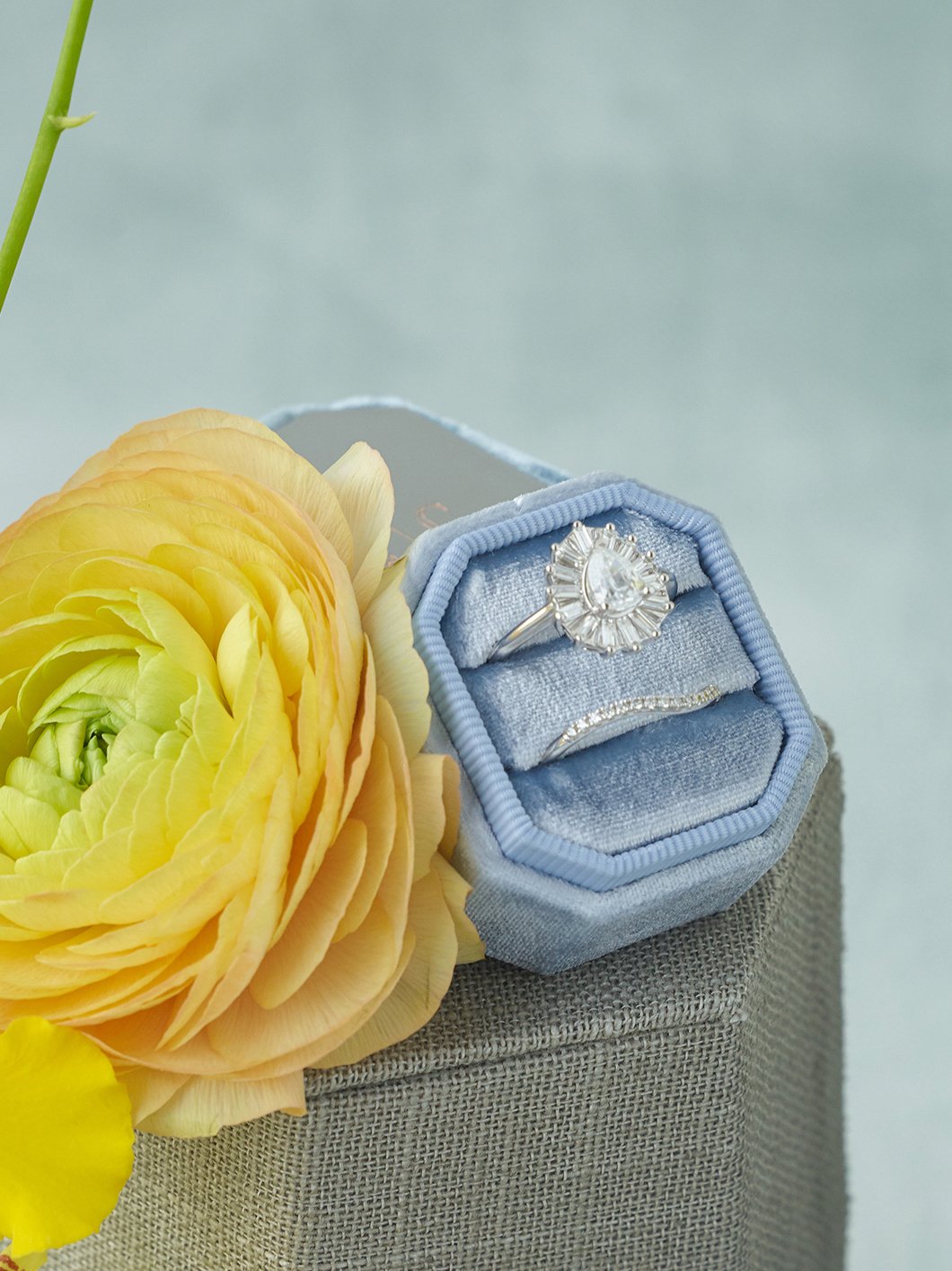 light blue bevel velvet ring box engraving top