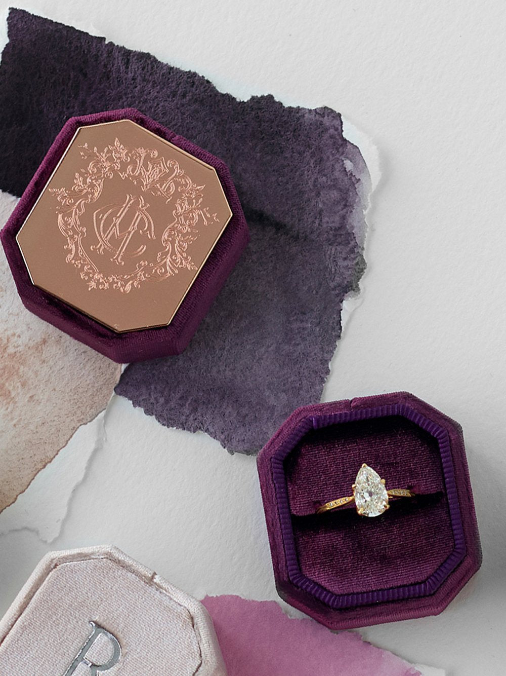deep purple custom engraving bevel velvet ring box