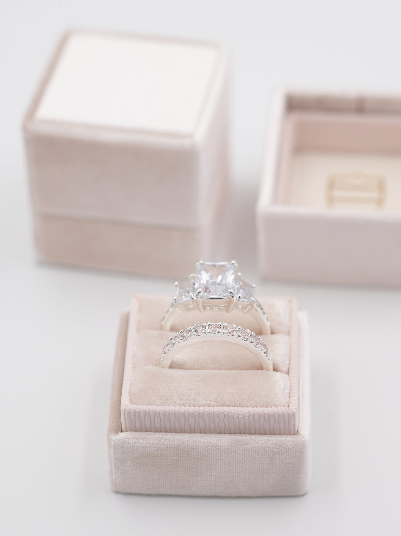 blush double wedding band and engagement ring box