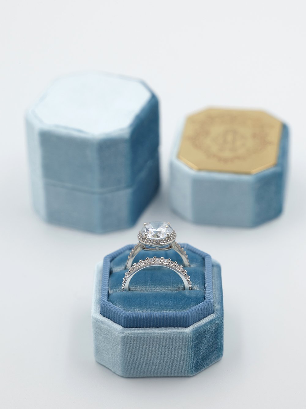 Sky Blue velvet octagon ring box metal top engraving