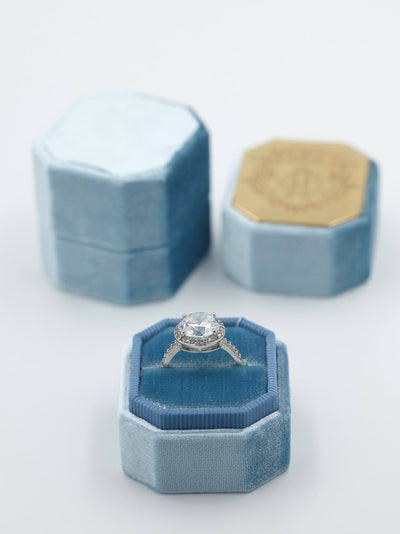 Sky Blue velvet octagon ring box metal top engraving