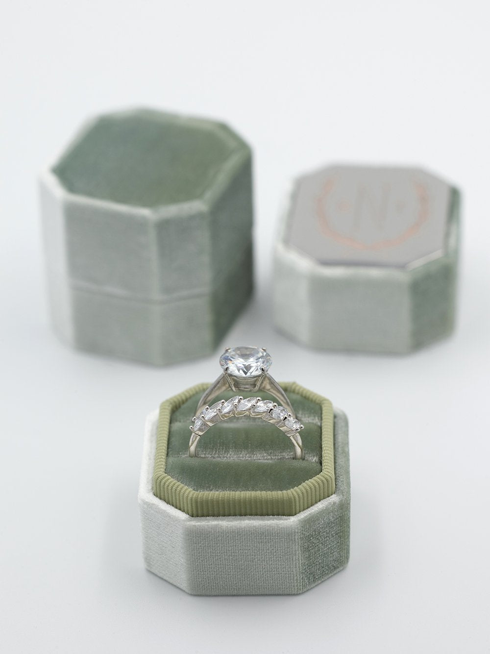 sage green octagon velvet ring box