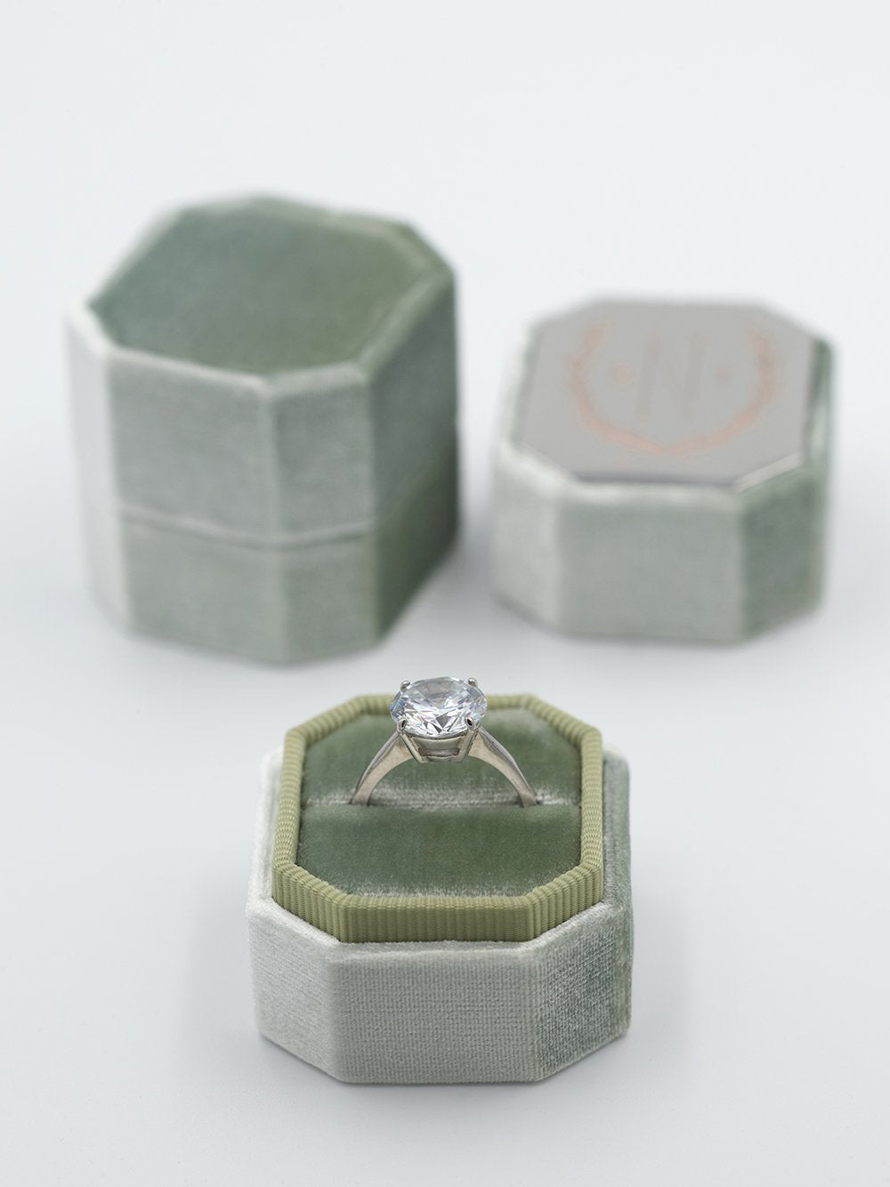 Sage green bevel velvet ring box metal engraving top