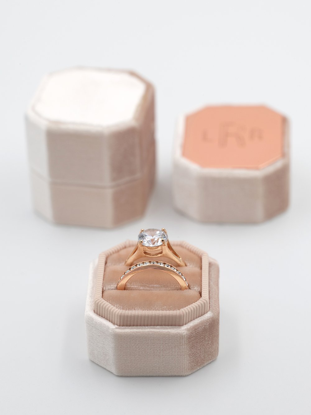 natural nude pink cream velvet ring box octagon metal top