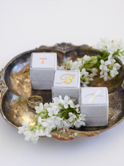 monogram silver velvet wedding ring box engagement gift