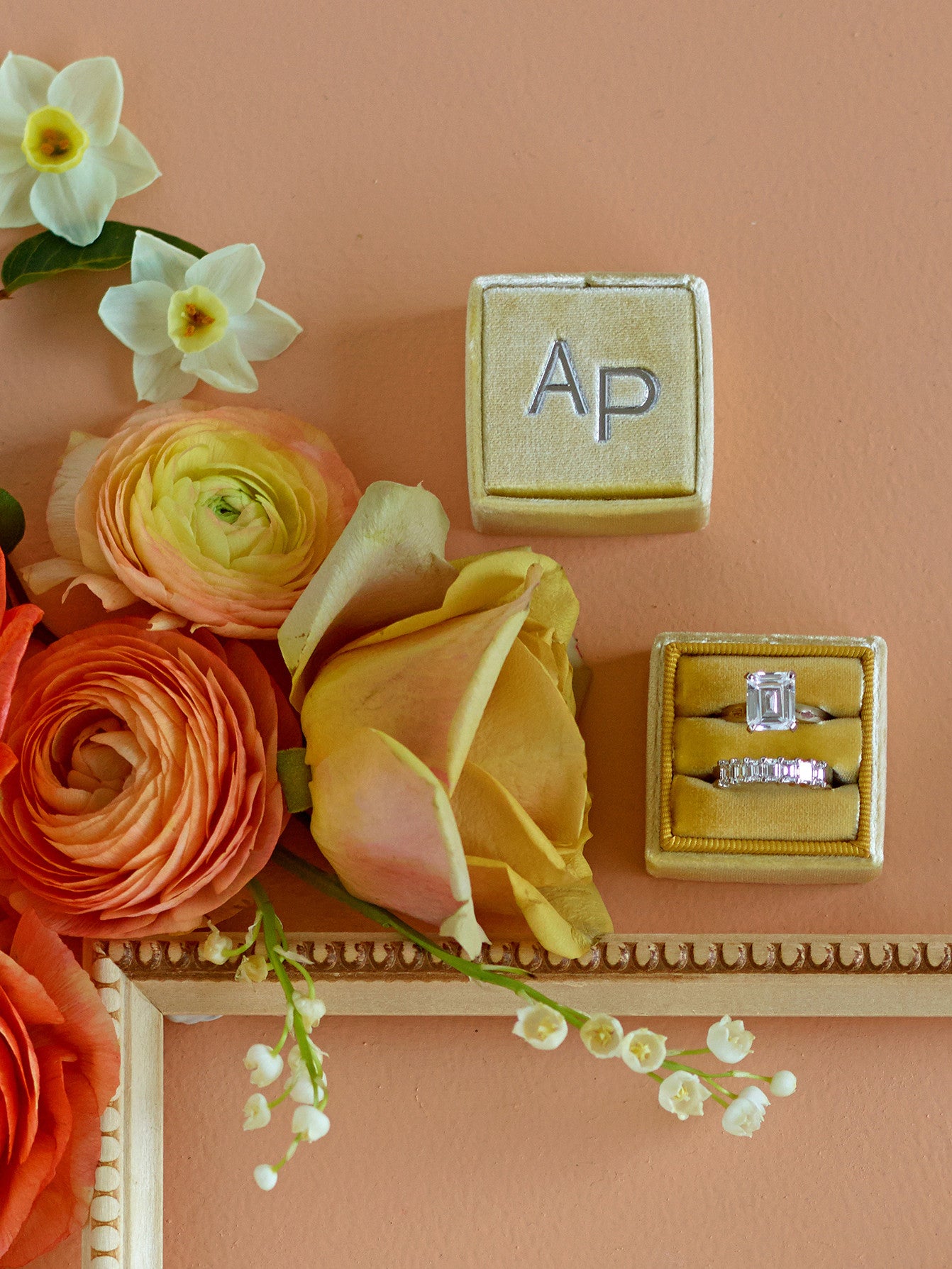 mustard yellow velvet engagement bridal shower gift monogram gold