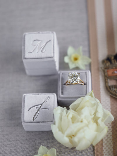 monogram silver velvet wedding ring box custom design