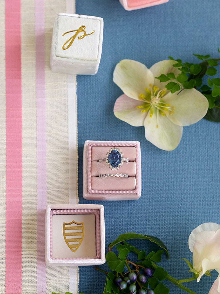 milennial pink blush mauve ring box monogram wedding ring band