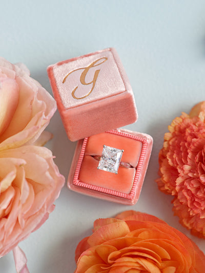 monogram peachy orange velvet wedding ring box gift idea
