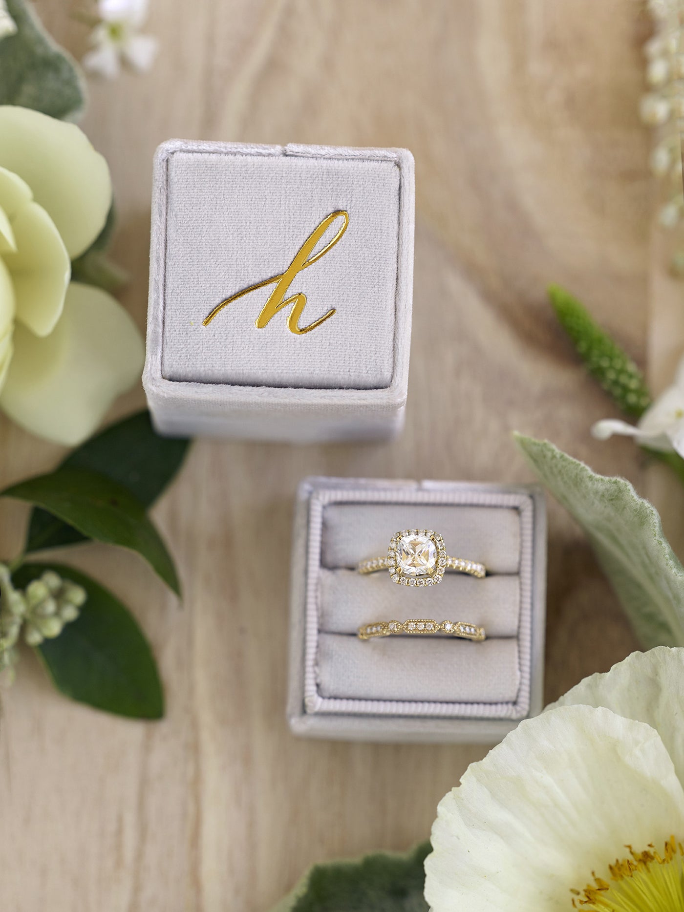 silver velvet wedding ring box monogram gold custom