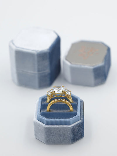 light blue bevel velvet ring box engraving top
