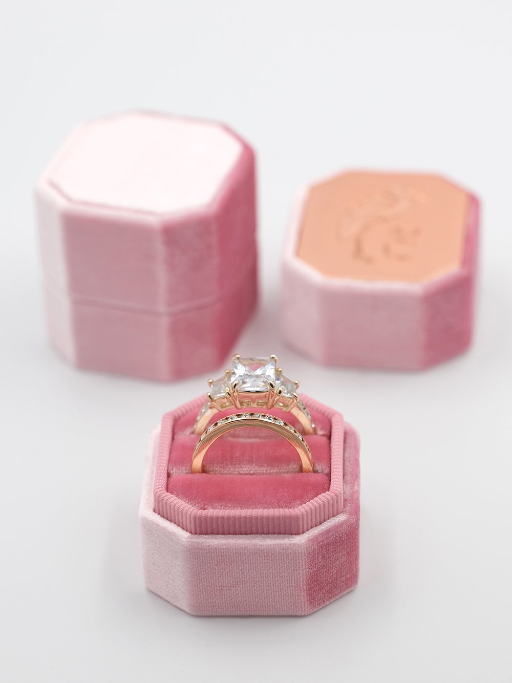 light pink bevel metal top velvet ring box