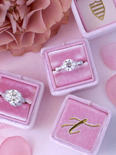 gold monogram baby pink velvet wedding ring box