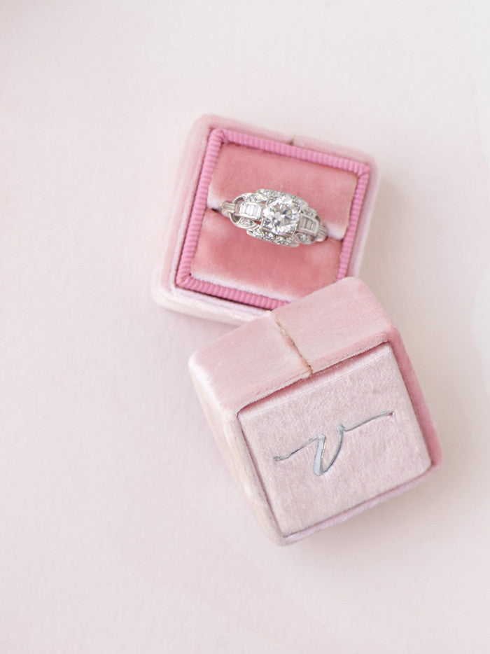 silver baby pink velvet wedding ring box monogram