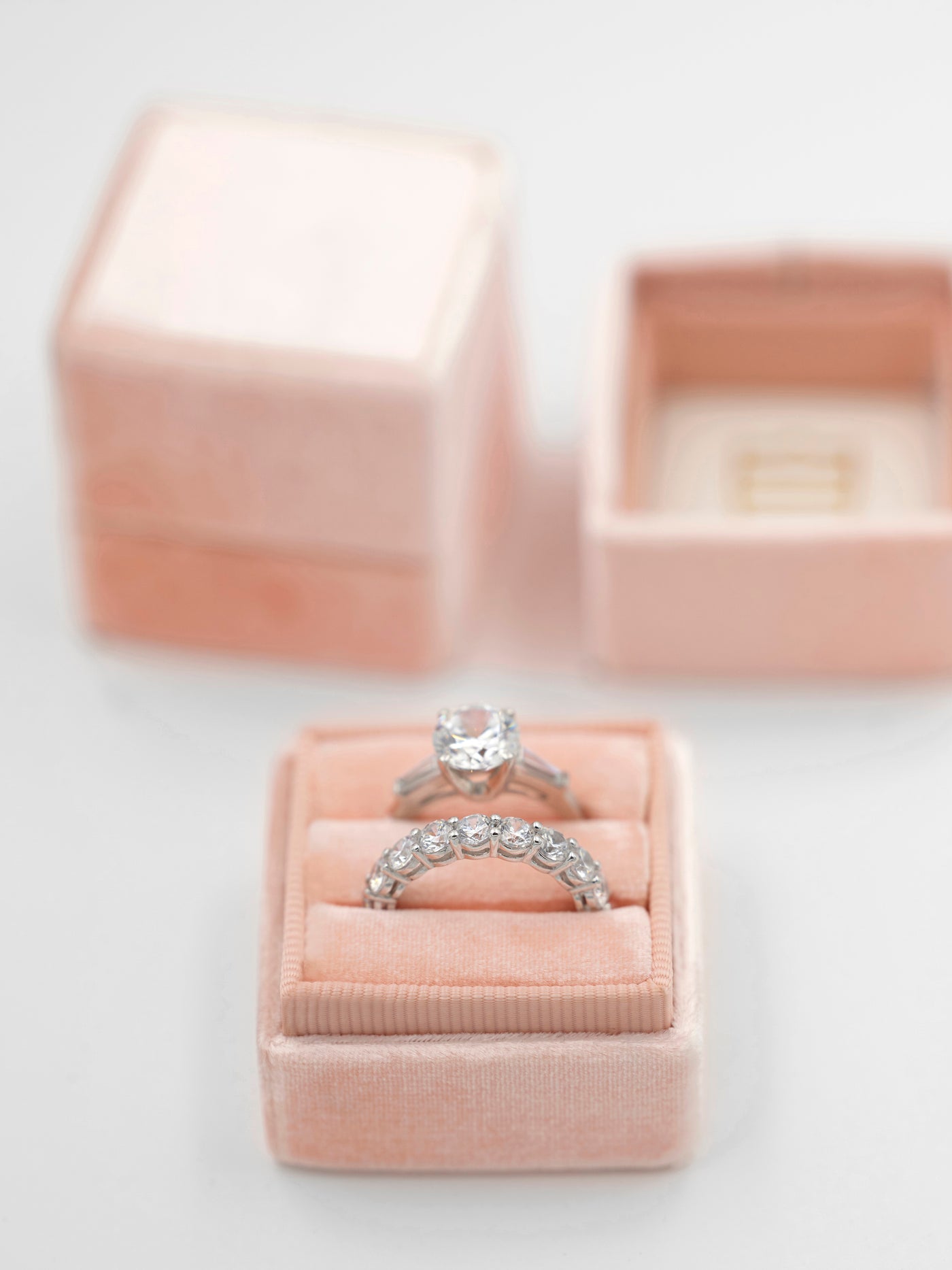 pink blush double ring box engagement ring and wedding ring