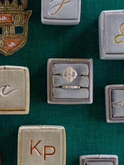 monogram custom vintage gray velvet wedding ring box