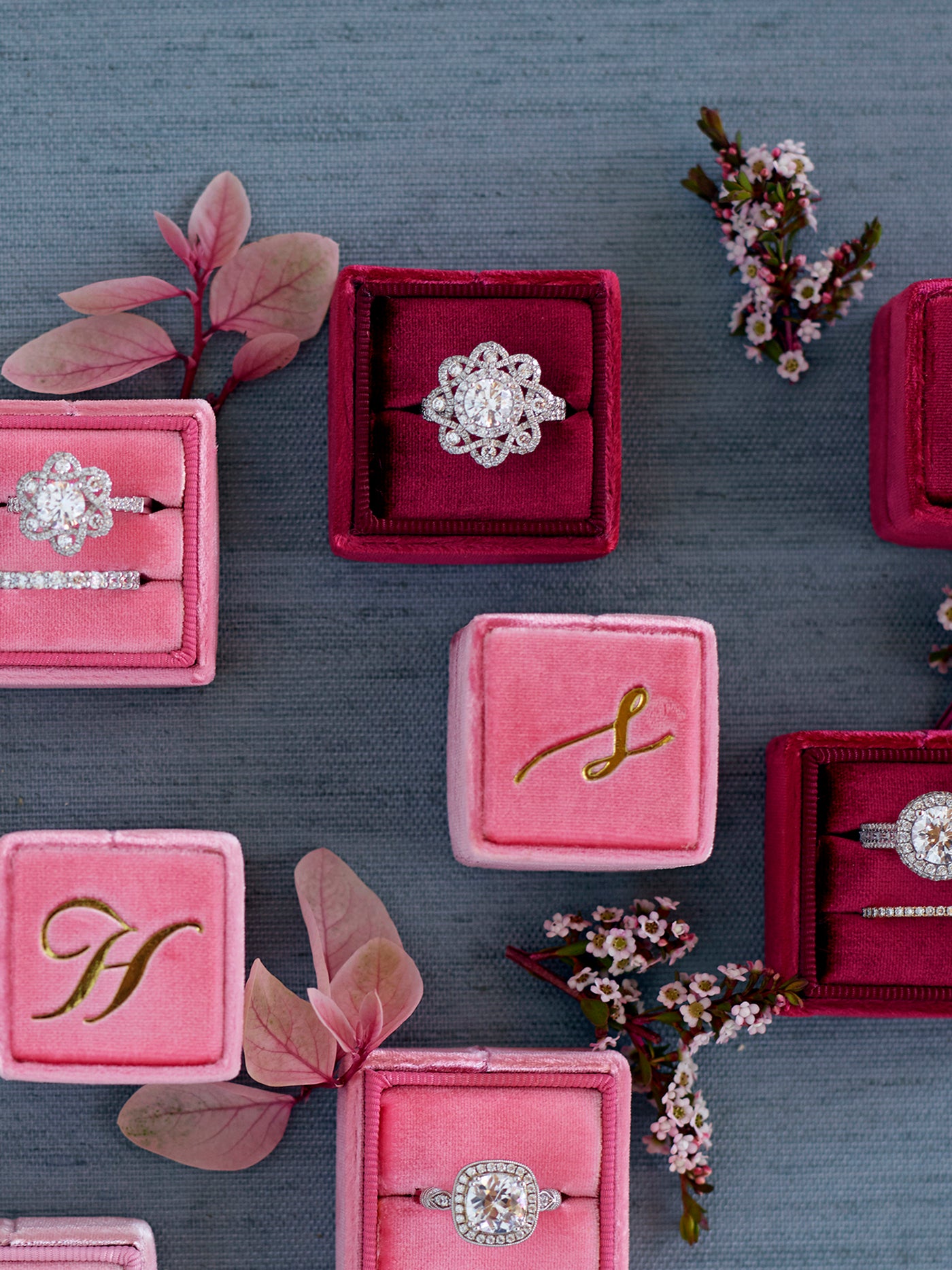 monogram pink red rose velvet wedding ring box gift idea