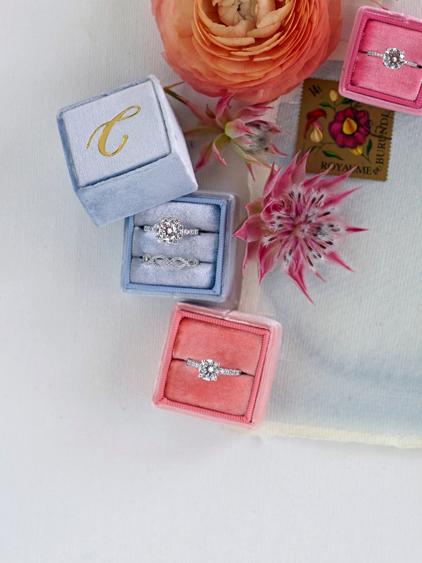 monogram peachy orange velvet wedding ring box engagement gift idea
