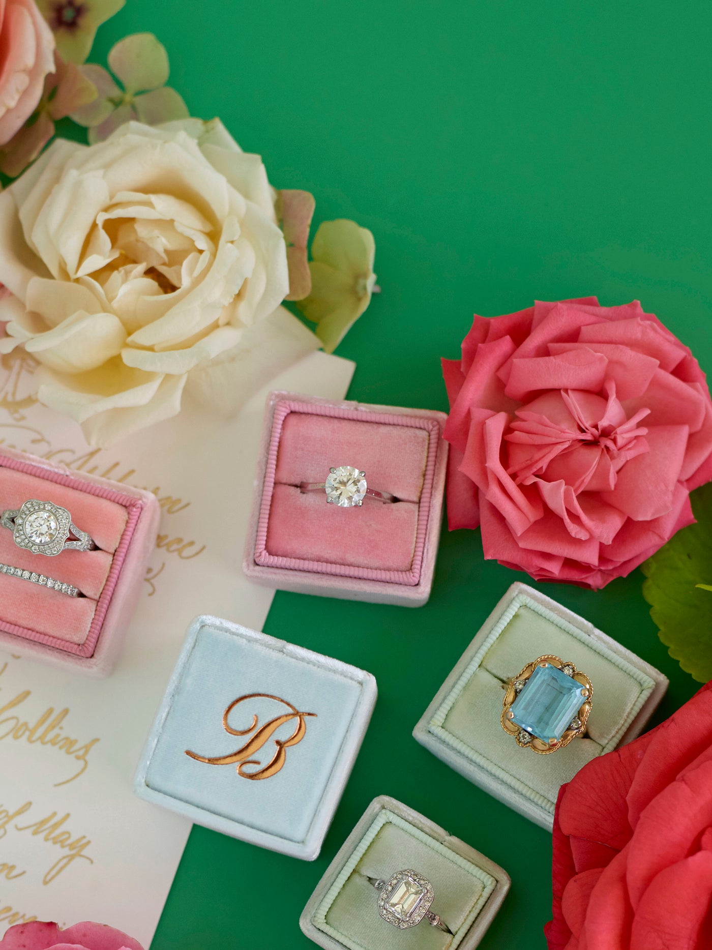 monogram rose gold baby pink velvet wedding ring box custom