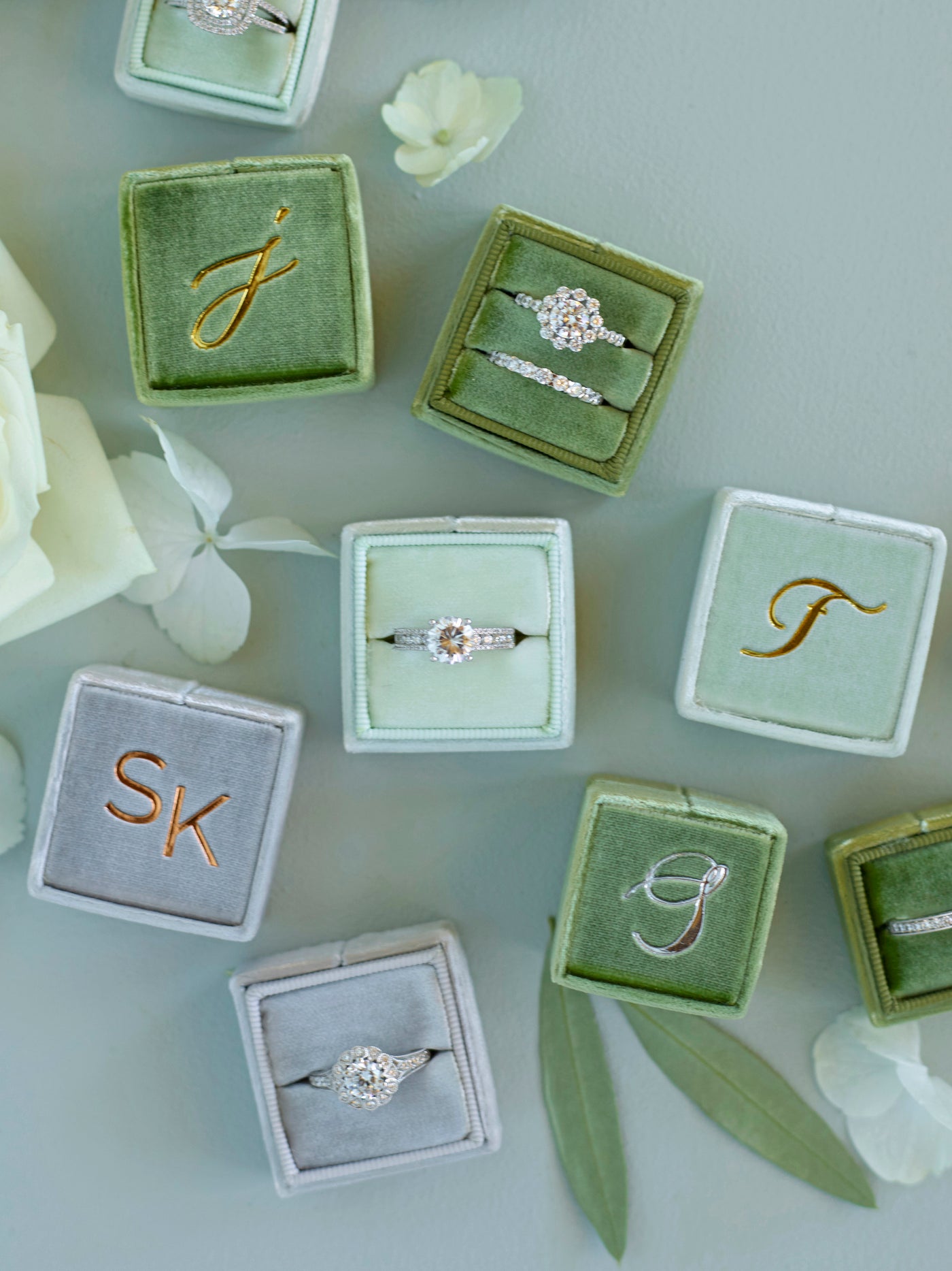 monogram custom light sage green velvet wedding ring box
