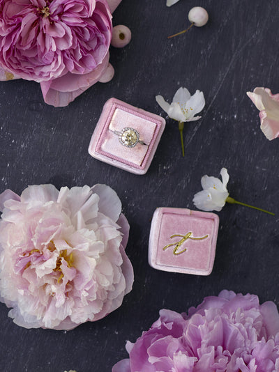 monogram baby pink velvet wedding ring box gift idea